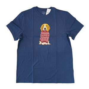 NWT J. Crew Men's Blue W/Beagle in Christmas Sweater Graphic Tee - SIZE MEDIUM